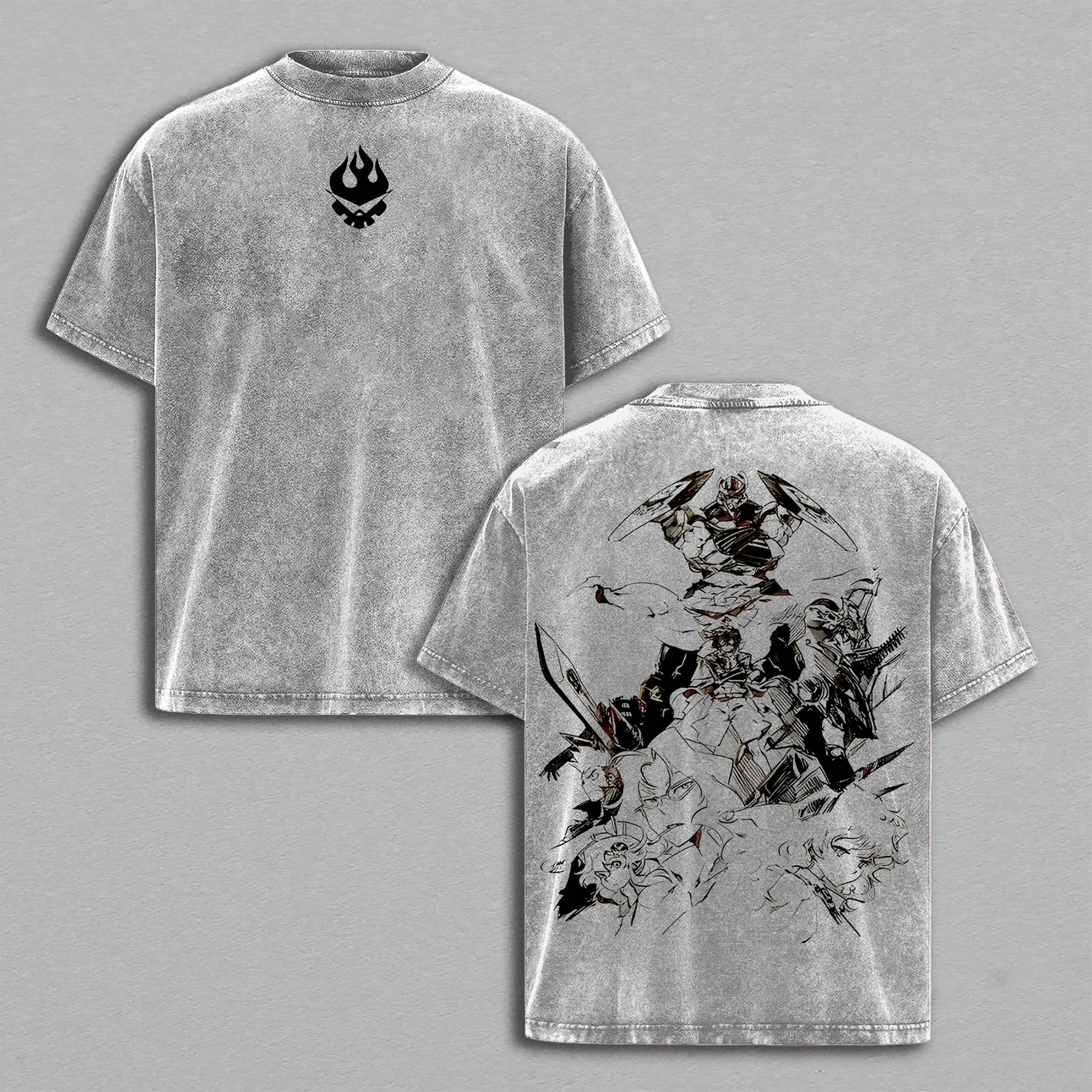 Gurren Lagann “Monochrome Protocol” Tee – Flame Emblem Front & Lorecore Squad Back, Oversized Fit for Spiral Believers