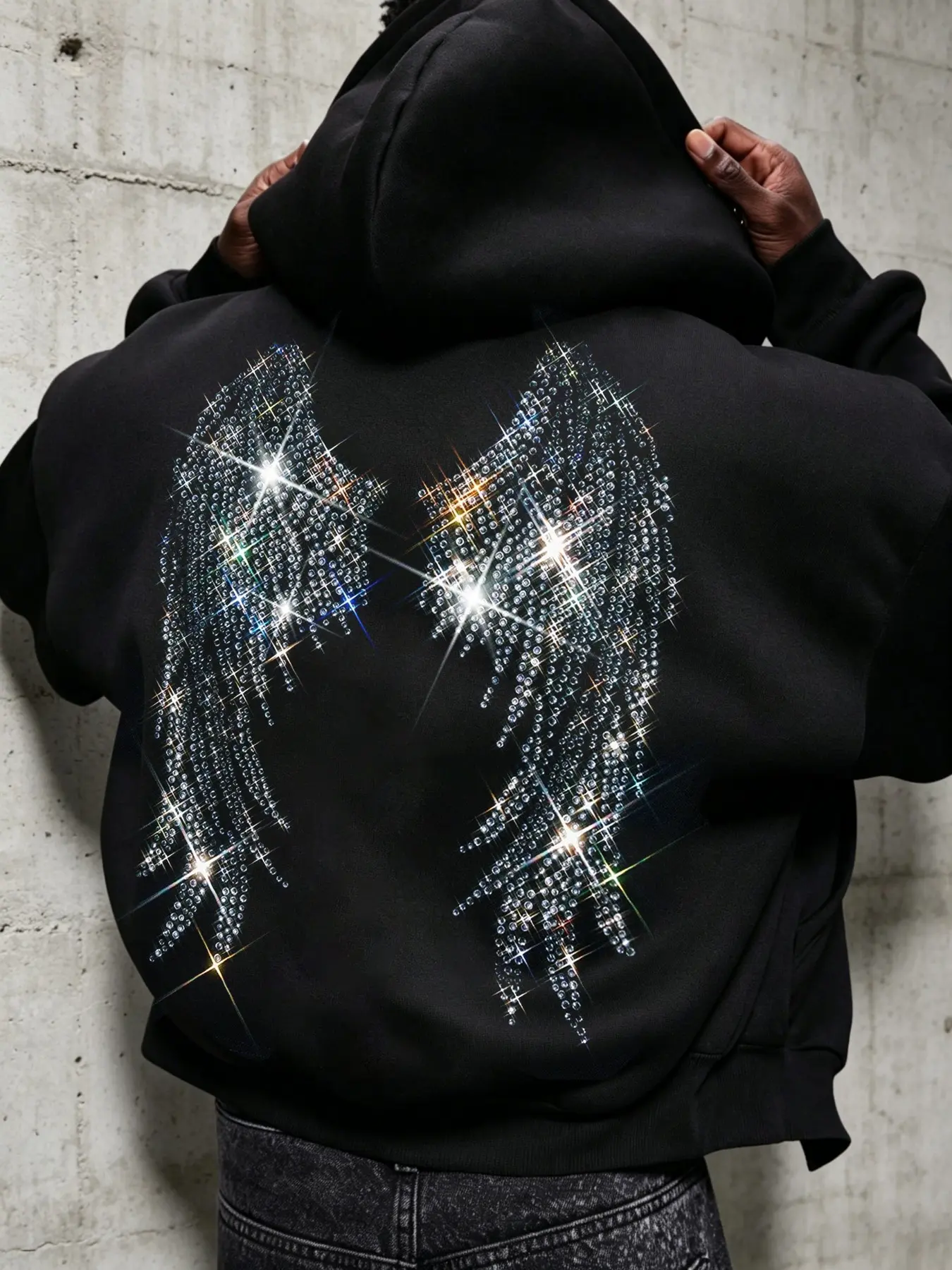 Men's hoodie, Long Sleeve, Loose, Stylish, Casual, zip-up cardigan style, lightweight fabric for transitional seasons, rhinestone embellishment, unique wing pattern on the back, perfect for layering in early autumn and early winter, Sweatshirts, Tops