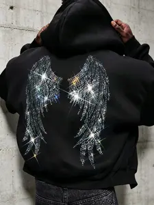 Men's hoodie, Casual, zip-up cardigan style, lightweight fabric for transitional seasons, rhinestone embellishment, and a unique wing pattern on the back, a basic style, perfect for layering or outer layer in early autumn and early winter