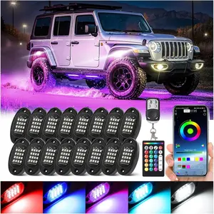 16 Pods RGB LED Rock Lights with Extension Wires,  Multicolor Underglow Kit for  Trailer Offroad Pickup RV UTV, Dual Zone  Neon Underbody Light with APP/RF Control  Sync 12V