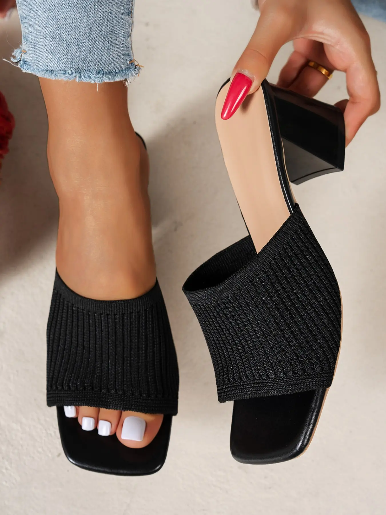 Women's Knit Heeled Mules, 4 Colors Available, Elegant Square Open-Toe Slip-On, Breathable Stretch Fabric, Comfortable Heel, Chic Summer Footwear