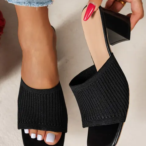 Women's Knit Heeled Mules, 4 Colors Available, Elegant Square Open-Toe Slip-On, Breathable Stretch Fabric, Comfortable Heel, Chic Summer Footwear
