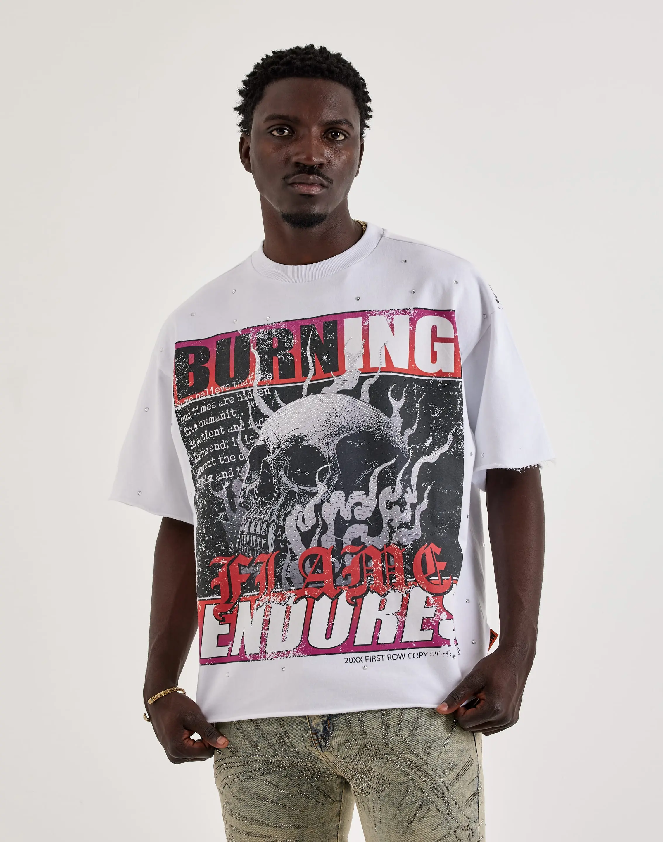 Mens First Row Burning Flames Rhinestone Tee