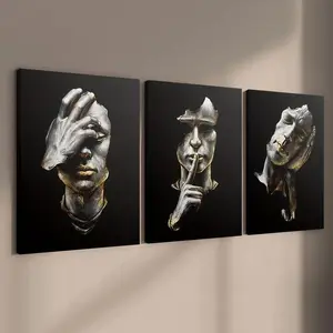 3-count wooden frame canvas, no need to listen, look or speak, black and gold abstract figure three-panel decorative poster, perfect living room and bedroom decoration, fashionable family poster, modern wall art