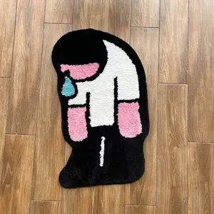 Sad Cartoon Character Fluffy Floor Mat – Perfect for Bedroom/Living Room/Game Room, Soft Non-Slip Flocked Rug with Playful Emotional Decor Design, Absorbent & Cozy Home Accent Accessory