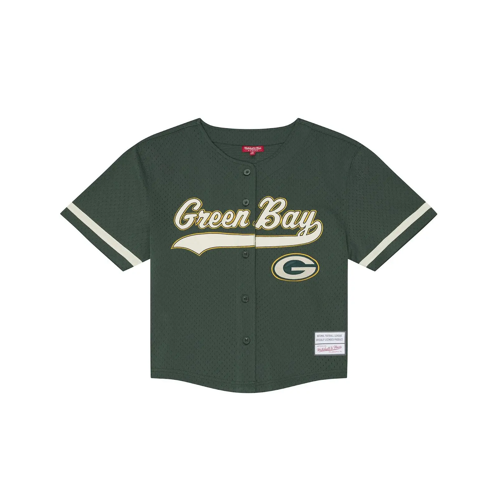 Mitchell & Ness Women's Green Bay Packers Kelly Green Mesh Button-Front Baseball Jersey, Long Sleeve Tops, Classic Cut Female Game Day Outfit