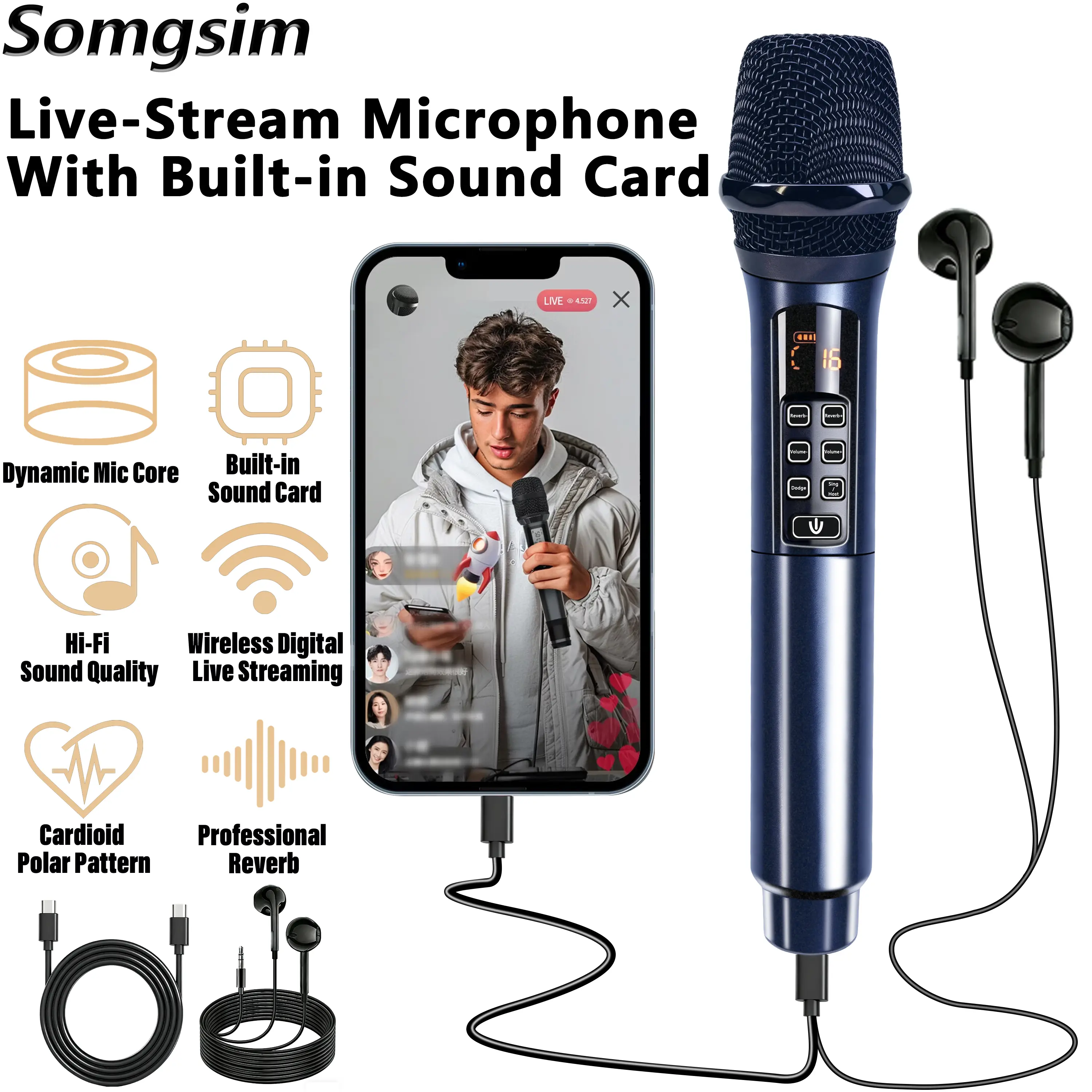 DSP Chip Integrated Live-Stream Sound Card Microphone, OTG-Compatible for Phones, Type-C Plug-and-Play, 3.5mm Monitoring Port for Mobile Live Streaming, Singing laser pointer