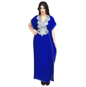 Moroccan Caftans Handmade Silver Hand Embroidery Breathable Soft Royal Blue