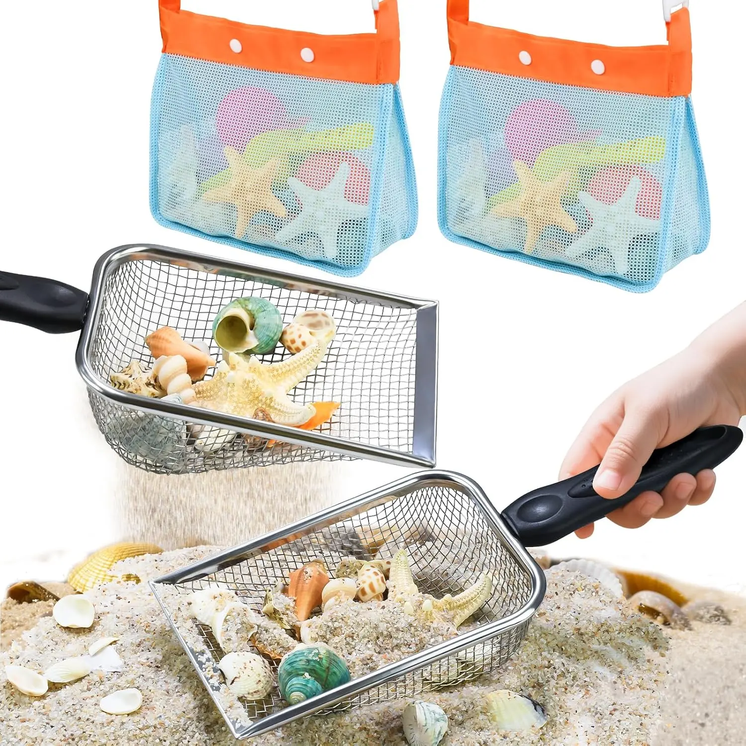 2 PCS Beach Mesh Shovel Sand Sifters with 2 PCS Mesh Beach Bag, Shark Tooth Sifter for Shell Collecting, Filter Sand Scooper Shells Tools for Boys and Girls