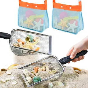 2 PCS Beach Mesh Shovel Sand Sifters with 2 PCS Mesh Beach Bag, Shark Tooth Sifter for Shell Collecting, Filter Sand Scooper Shells Tools for Boys and Girls