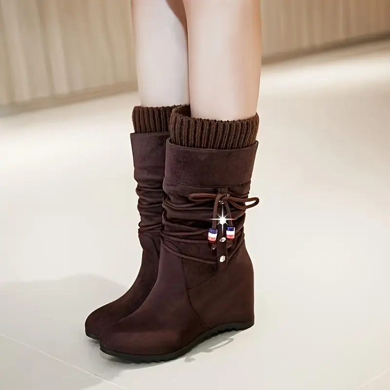 Women's Mid-Calf Wedge Boots - Soft, Stylish Slip-On Round Toe with Knit Cuff, Superfine Fiber Upper, Fabric Lining, Rubber Sole, Fabric Insole, Solid Color Shoe for Footwear Comfort and Warmth Elevation