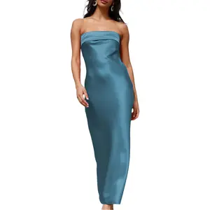 Fashionable Women's Satin Lace-Up Backless Strapless Maxi Dress Spring Wedding Guest Bridesmaid Formal Evening Gown