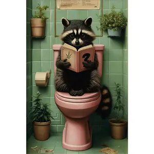 1PCS Cute Raccoon Reading Book On Toilet Diamond Painting Kits For Adults DIY Full Drill Rhinestone Embr