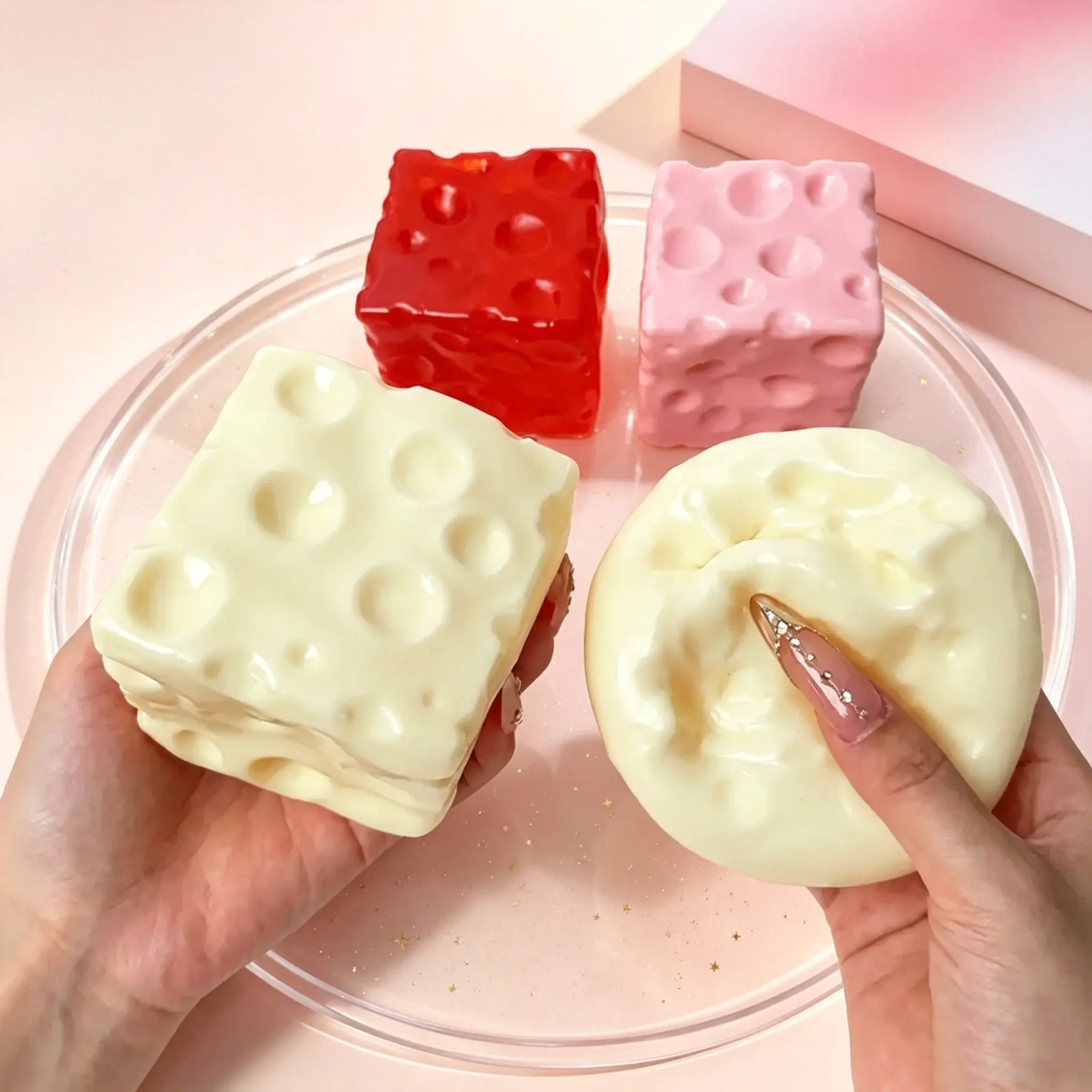Cheese Cube Squishy Stress Relief Toy - Yellow, Pink, Red, Green, Blue & White, 5cm/7cm Petroleum Jelly-Filled Soft Moldable Squeeze Ball, ASMR Fidget Gift for Ages 12+ Unisex Sensory Party Bag Gift