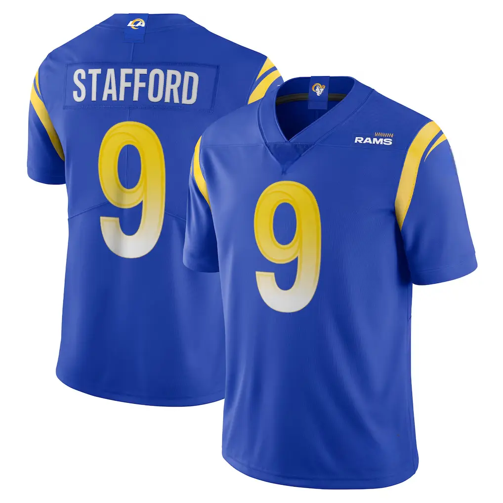 Full Print LA Ram White/Royal Stafford #9 Football Jersey, Men's Breathable V Neck Short Sleeve Athletic Shirt, Team Game Uniform, Sports Fan Apparel, Unisex Gift for Football Fans