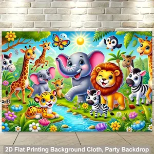 2D Flat Printing Backdrop Banner 1pc, Jungle Animals' Joyful Gathering Polyester Fabric Wall Covering, Background Cloth for Living Room, Bedroom, Office, and Outdoor Decor, Ideal for Parties and Holiday Gifts, No Electricity Needed, 243.84x182.88cm