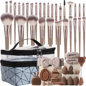 54 Piece Makeup Brush Set with Soft Brushes, Travel Waterproof Bag, Powder Puffs, Beauty Sponges, Ideal for Beginners & Practice, Artist Brush Set