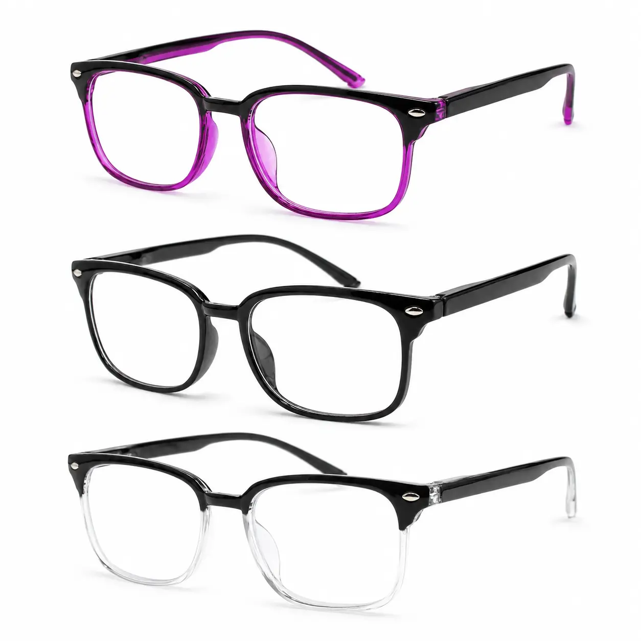 3-Pack Reading Glasses for Women and Men, Classic Square Full-Rim Readers in Assorted Colors for Home, Office and Everyday Use