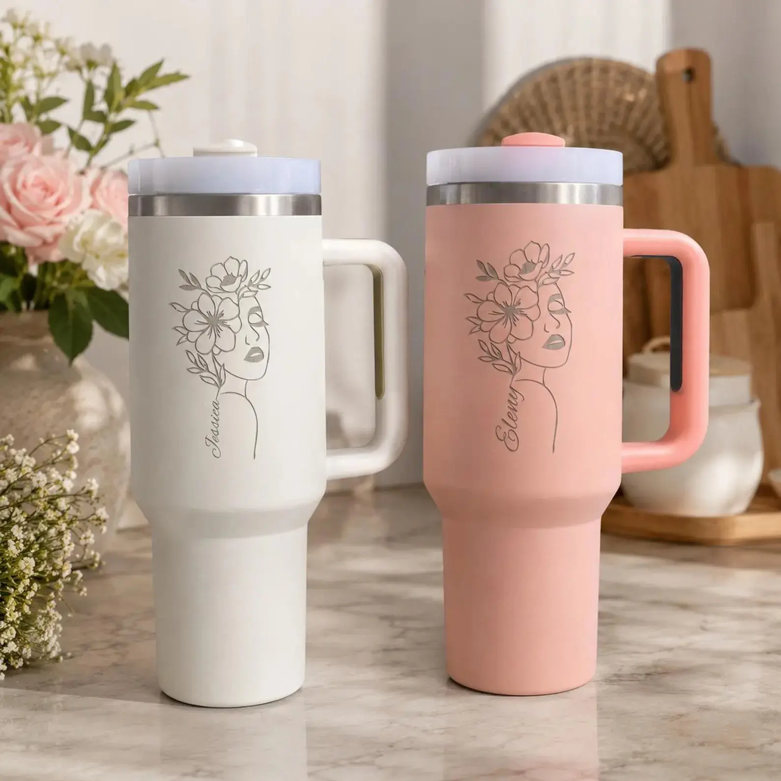 Personalized 40 oz Floral Tumbler with Handle, Custom Name Insulated Travel Mug, Flower Coffee Cup, Gift for Her