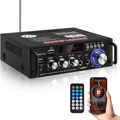 Bluetooth 5.0 Stereo Home Amplifier - 298A Max, Compact Digital Power Receiver, 40W×2 RMS 300W×2 Peak Output, Great Value Remote Control, Bass Treble Adjustment, Digital LED Display, Multi Input for Home Speakers & Parties