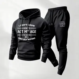 Men's 2-Piece Polyester Soft Fabric Funny Sayings Print Athleisure Set - Longsleeves Hoodie, Drawstring Sweatpants, Men's Fashion Casual Athletic Wear for Fall Winter Daily, Indoor Outdoor Use
