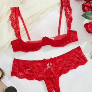 Sexy Underwire Floral Lace Sheer Lingerie Set for Women See Through Bra and Panty Soft Comfy Breathable Lingerie Set for Women outdoorfun