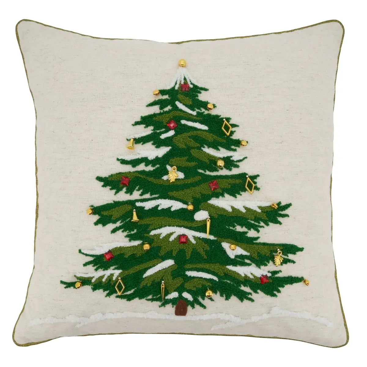 SARO 9159.N18SD 18 in. Square Down-Filled Throw Pillow, Natural Embroidered Christmas Tree Design, Christmas Print Standard Pillow, Christmas Print Standard Pillows