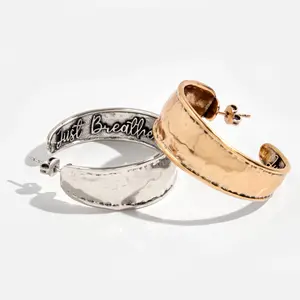 "Just Breathe" Hoop Earrings - Elegant Silver & Gold-Colored Bands, Hammered Texture, 1.25" Diameter, Lead & Nickel Free, Post Hoop Earrings Boho Style Jewelry