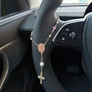 1pc Pink Pearl Cross Steering Wheel Rosary Ornament Car Pendant Accessory Fathersday Gift for Dad Unique Fashion Automotive Car Decor with Wireless Charging Port Portable Carplay Accessory