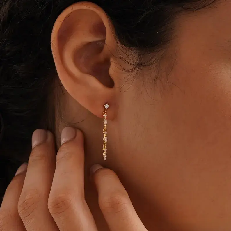 Elegant CZ Diamond Drop Earrings, Handmade 925 Silver & Gold, Perfect for Weddings, Work & Daily Outfits