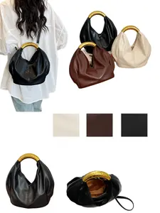 French Vintage Metal Handle Crescent Folded Dumpling Mooncake Bag, Texture, Detachable Strap, Zipper Closure, Mini Crossbody Bag