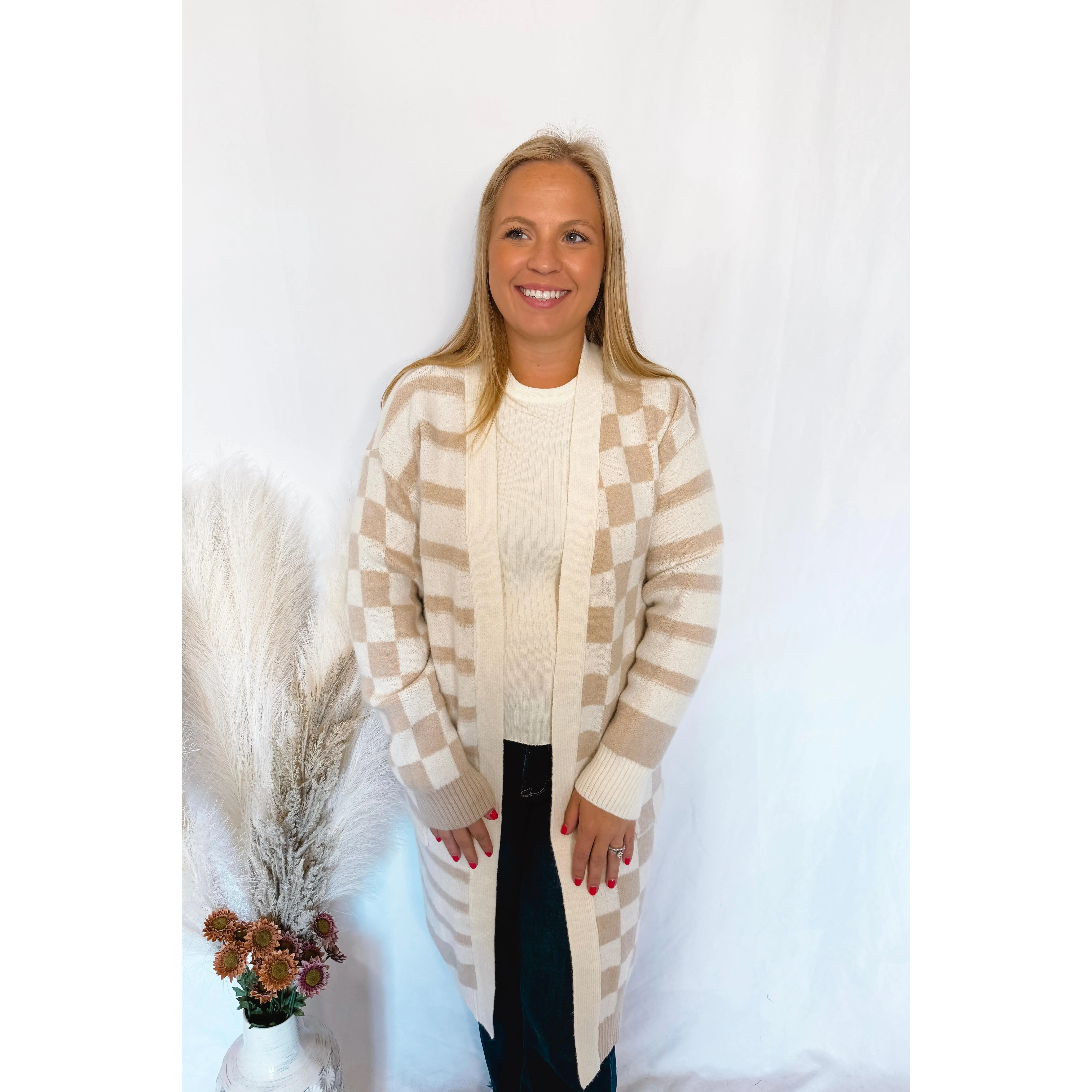 Keep It In Check Open Cardigan - Tan/Ivory