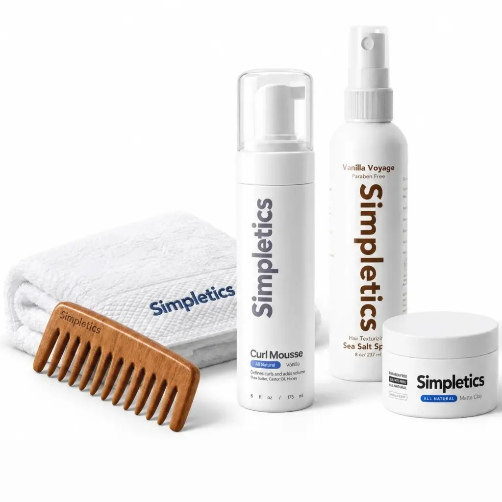 Simpletics Full Curl Kit for Men – Free Wooden Comb & Towel Gift + Sea Salt Spray, Curl Mousse & Matte Clay Set, Defines Curls, Volume & Hold, Vanilla