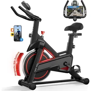 Exercise Bike, Brake Pad Stationary Bikes for Home with App Compatible, Low Noise Indoor Cycling Bike, 300lbs Capacity Compact Workout Bike with Tablet Mount & Extra Comfort Seat
