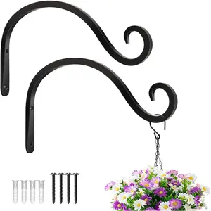 Hangers Outdoor Indoor, 8 Inch Wall  Hooks, Metal Bird Feeder Hanger for Hummingbird Feeders, Planters, Lanterns, Wind Chimes,  Decor, 2 Pack, Black, Gifts for Women Men
