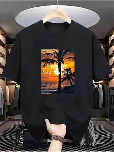 Unisex Black Tropical Palm Tree Graphic T-Shirt – Soft Breathable Cotton Crew Neck Short Sleeve Tee, Beach Vacation Summer Top, Slim Casual Fit Streetwear Shirt, Sunset Sun Palm Print Essential