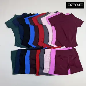 (With Logo) DFYNE Seamless Short Sleeve Shorts Set Women - High Stretch Moisture Wicking Knit Workout Gym Activewear 2-Piece