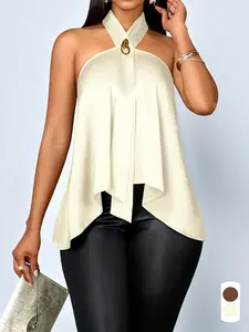 Summer Casual Elegant Chic Solid Color Women's T-Shirt Top, Sleeveless Backless Halter Button Decorative Top, Fashion Summer Women's Clothing