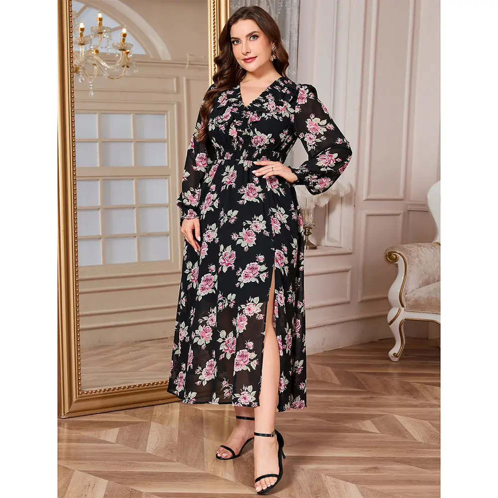 EYWOL Plus Size Curvy Boho Maxi Dress - All Over Print Deep V Neck Long Sleeve, Slit EYWOL Plus Size Curvy Boho Maxi Dress - All Over Print Deep V Neck Long Sleeve, Slit