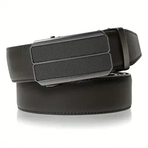 Men's Genuine Leather Spring-Loaded Ratchet Belt, Automatic Buckle, Adjustable Up To 51", Spring-Loaded Men's Belts