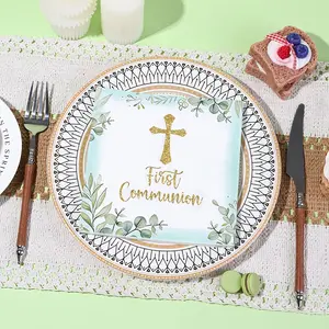 20Pcs First Communion Themed Party Napkins, watercolor greenery with golden cross design. Suitable for spring tea parties, bridal showers, wedding season decor and baptism use.