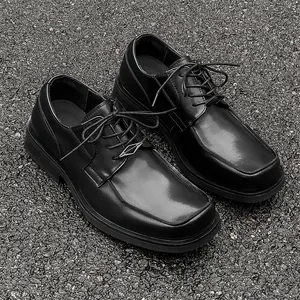 Trendy brand men's square-toed derby shoes with thick soles and invisible height-increasing design, British-style retro casual leather shoes, versatile and stylish