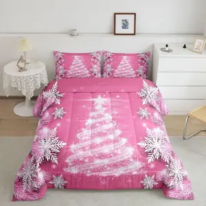 Christmas Tree Luxury Bedding Set,Pink Xmas Snowflake Bed Comforter Set,Merry Christmas Comforter Duvet,Pink Comfortable Bedding