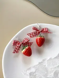 Strawberry Cake Design Earrings for Women, Cute Bowknot Decor, Sweet Food-Themed Jewelry, Perfect Gift for Valentine's Day & Mother's Day