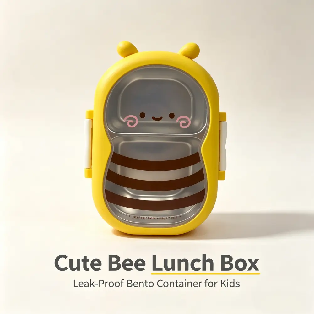 Kids' Cartoon Bee-Shape 304 Stainless Steel Food-Grade Reusable Lunch Box, Compact Leak-Proof Seal Portable with Separate Compartments, School Trips Children's Kitchen Tableware