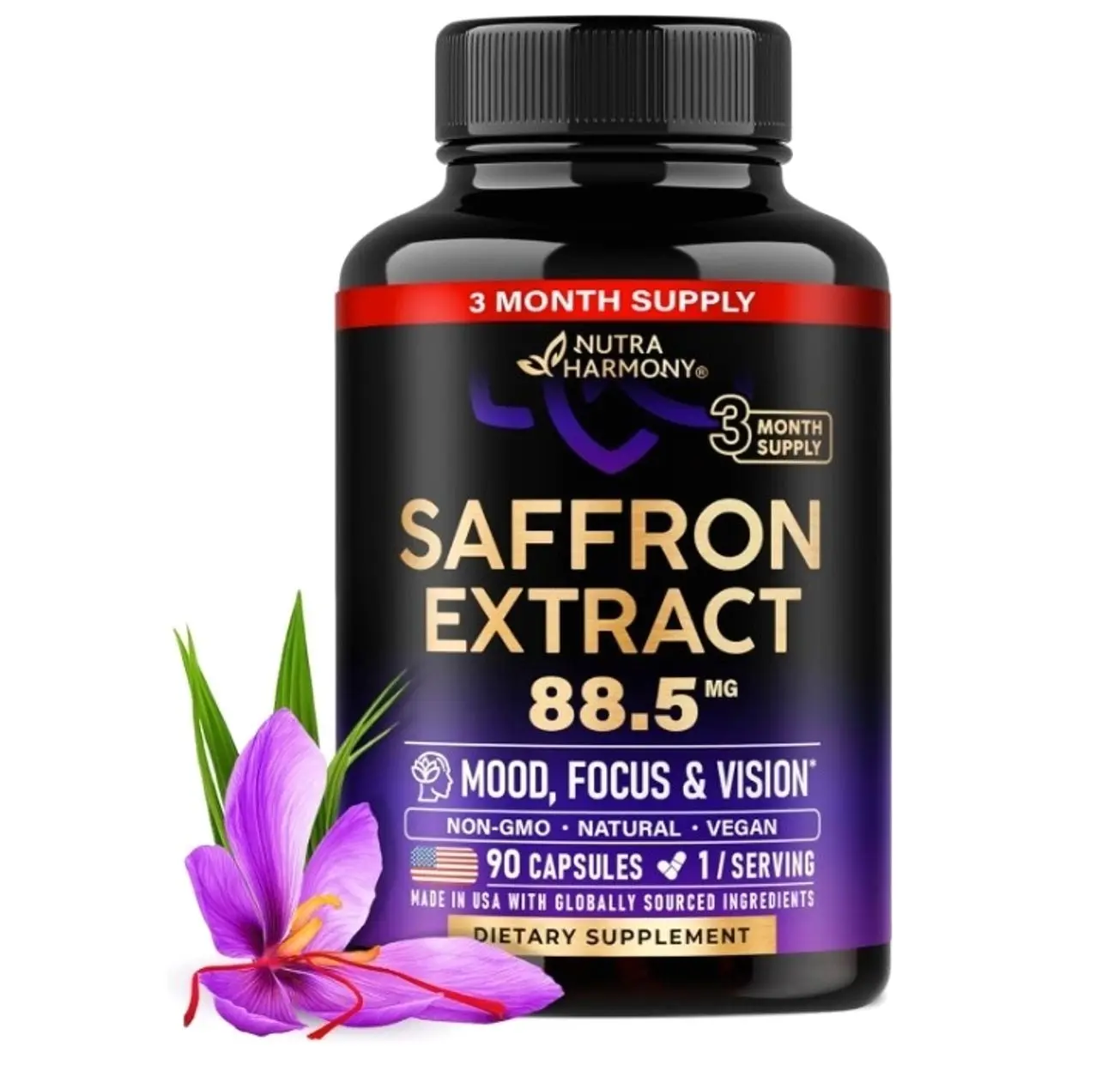 Natural Saffron Supplements - Pure Saffron Extract 88.5 mg - Made in USA - Mood | Focus | Vision | Energy Support - Eye Health for Women & Men - NonGMO Vegan Pills - 90 Powder Capsules, 3 Month Supply