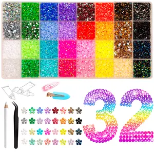 Gem DIY Kit -1 Box 32  colors 36000+pcs Shiny Resin Rhinestones bedazzling kit Set with Tweezers & Pick Up Pen & Clear Hair Clips*2, Perfect for Nail Art, Phone Case Decoration, Cosmetic Decoration & Clothing DIY. Rhinestone supplier & nail art supply