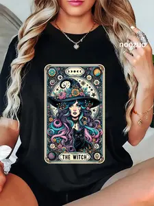 100% Cotton The Witch Cat Tarot Card Witch Vintage Gothic Halloween T-Shirt for Men Women