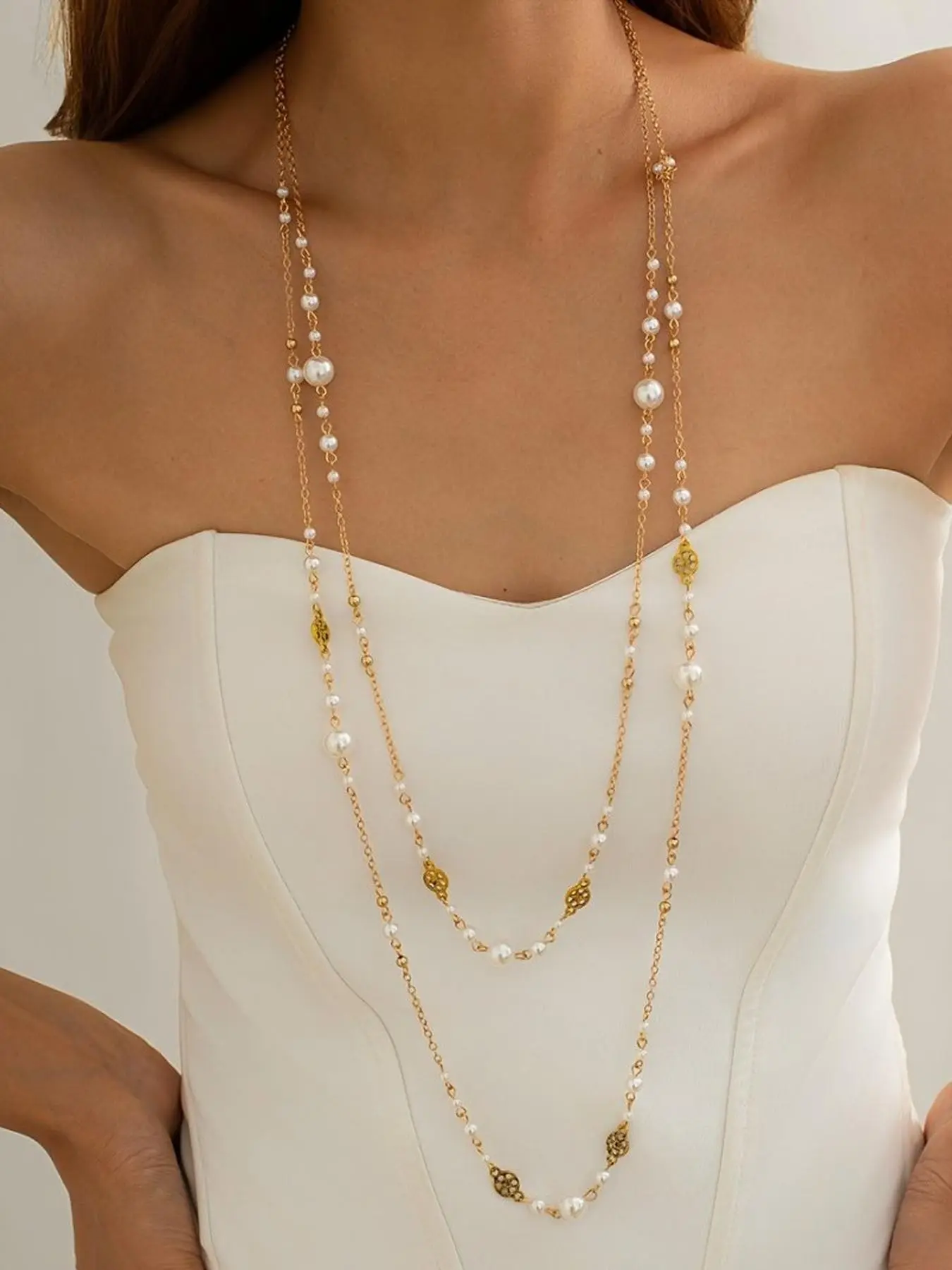 2 Pcs Elegant Imitation Pearl Layered Long Necklace Set, Vintage Ethnic Star Fringe Design, Daily Vacation Party Faux Pearl Jewelry