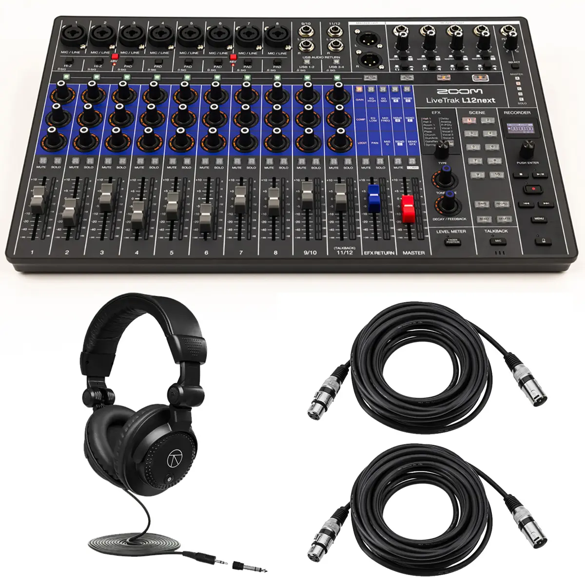 Zoom LiveTrak L12next 12-Channel Digital Audio Mixer/Recorder Bundle with Monitor Headphones, 2x 25' XLR M-F Microphone Cables, USB Adapter, Stereo Card